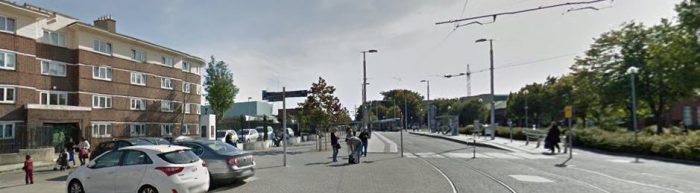At St James Tramstop Dublin - Image from the Google StreetView, the tramstop is on the right