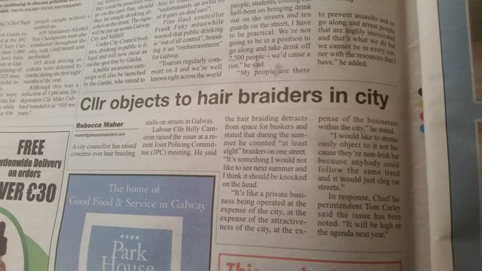 Atricle in the Galway Independent reporting Cllr Billy Connollys remarks on the Roma women hair braiders
