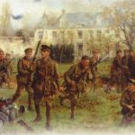 Meeting of the 2nd Worcestershire with 1st South Wales Borderers in the grounds of Chateau — painting by J P Beadle